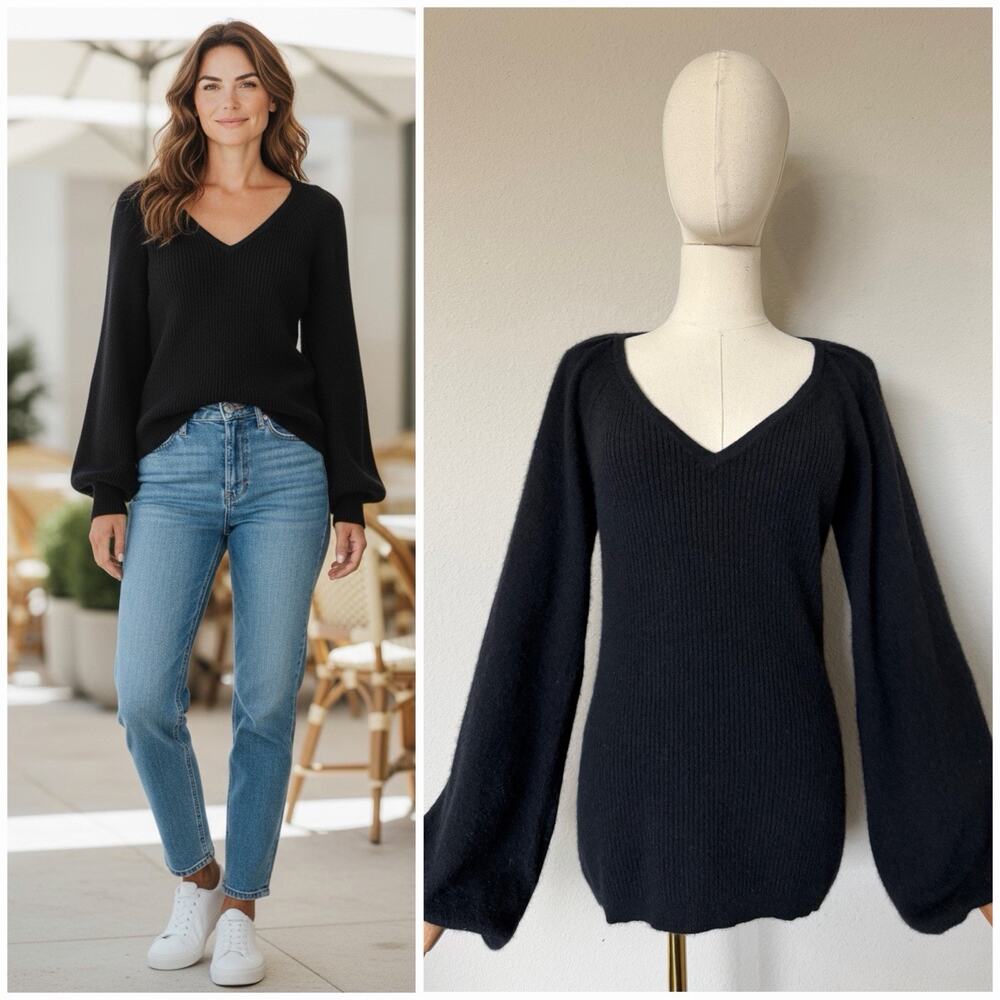 Trina Turk Womens Sz M 100% Cashmere Black Ballon Sleeves Ribbed Sweater